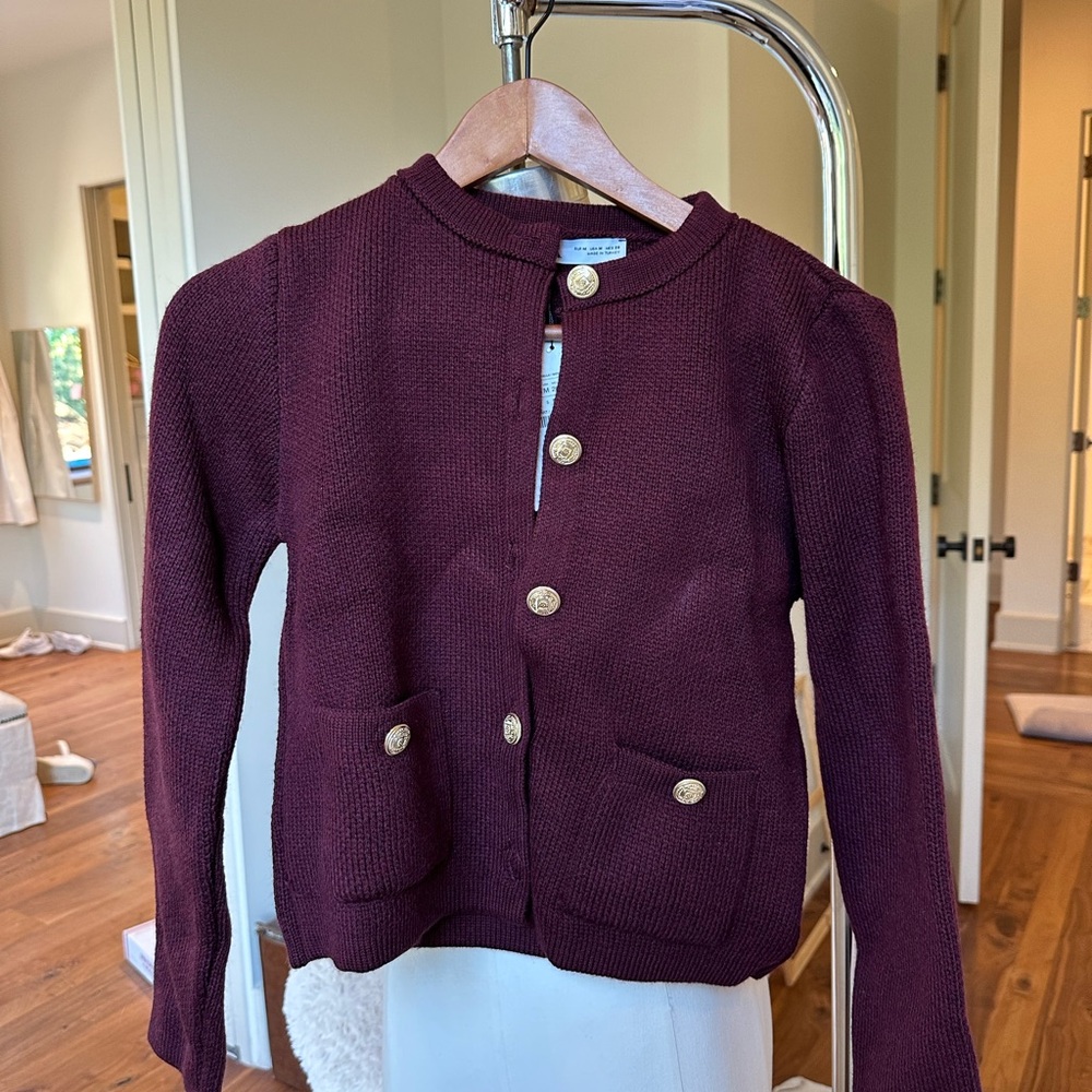 Zara Burgundy Knit Blazer with Gold Buttons